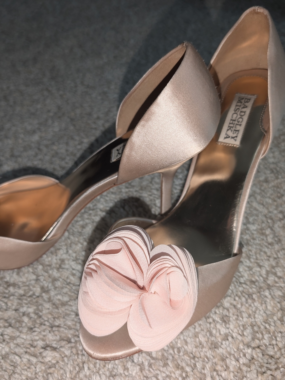 Badgley Mischka Pink Satin Peep-Toe Heels with Floral Accent - Picture 2 of 7